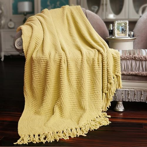 Home Soft Things Yellow Throw Blanket Knitted Tweed Throw 50'' x 60'', Jojoba Yellow, Super Soft Cozy Warm Comfortable Breathable Throw for Living Room Chair Couch Bed Sofa Bedroom Home Décor - color: Jojoba Yellow, size: 50 in x 60 in