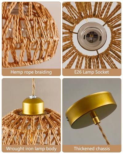 Rattan Pendant Light Fixtures, 7.6” Boho Woven Basket Pendant Light, Handmade Wicker Hanging Lamp, Rustic Wicker Chandelier for Kitchen Island, Dining Room, Living Room, Bedroom, E26 Base - color: 7.67″-Round