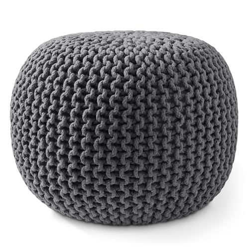 Casafield Round Pouf Ottoman, Dark Gray - 20" Diameter x 14.5" High Cotton Knit Foot Stool - Boho Floor Pouffe for Living Room, Bedroom, Home Office - color: Grey, size: 20"D x 20"W x 14.5"H