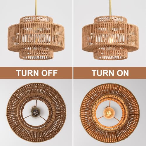 12.4" Rattan Pendant Light,1-Light Boho Chandelier Light Fixture Farmhouse Rattan Hanging Ceiling Lighting Fixture for Dining Room, Living Room, Kitchen Island, Bedroom, Hallway, Foyer - size: 12.4″ Brown