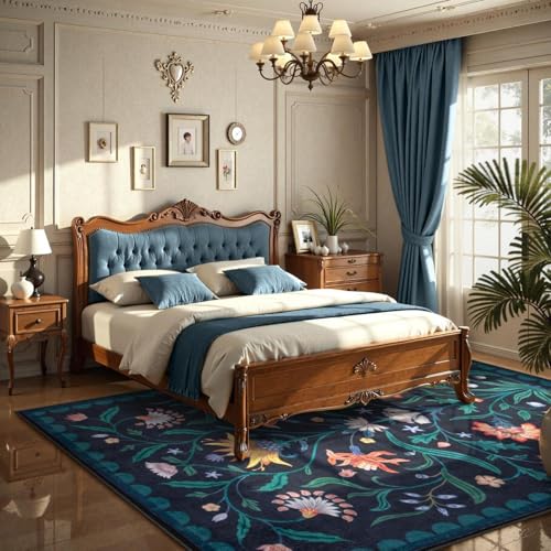 Lahome Boho Floral Washable Blue 5x7 Area Rugs for Living Room, Non Slip Rugs for Bedroom Entryway, Indoor Ultra-Thin Throw Dining Room Carpet for Under Table Kitchen Dorm(Dark Blue,5x7) - color: Dark Blue, size: 5' x 7' (Rectangular)