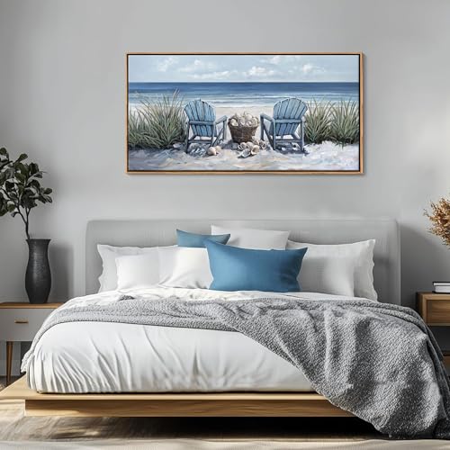 HGUAOA Coastal Wall Art - Large Landscape Wall Pictures for Living Room, Bedroom Pictures, Ocean Beach Artwork, Blue Wall Art, Above Bed Decor, Coastal Landscape Wall Decor,Framed Beach Pinting - color: Blue-F, size: 40"L x 20"W