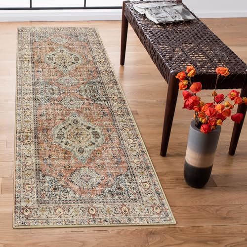 Lahome Oriental Washable Rug Runners for Hallways, 2x5 Kitchen Runner Rug Non Slip with Rubber Backing Ultra-Thin Vintage Carpet for Bedroom Bathroom Eleanor, Peach/Orange - color: Terracotta, size: 2' x 5' (Runner)