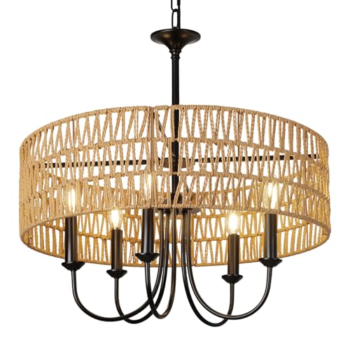 24 Inch Farmhouse Rattan Chandelier, Hand-Woven Boho Pendant Light Fixture with Black Metal Frame, Rustic Hanging Ceiling Lighting for Dining Room, Kitchen Island, Living Room, Bedroom - color: Rattan B