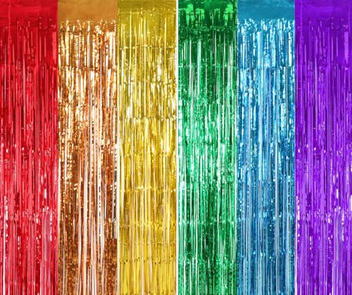 TONIFUL 2Pcs Rainbow Door Streamers,Party Photo Booth Backdrop Metallic Streamers Rainbow Foil Fringe Curtains for Halloween Birthday,New Year,Bachelorette,Graduation Party Streamers Decoration - color: 6 Color