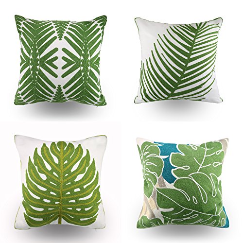 Embroidery Throw Pillow Cover 18x18 Decor Tropical Leaves Floor Pillow Cover for Couch Chair Bed Room 100% Cotton Cushion Cover 45x45cm Pillowcase, Green Leaf Plant Embroidered, Pack of 4 - color: Leaf Set 4