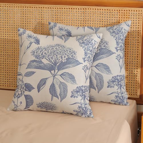 Vintage Blue Pillow Covers 16x16 Inch 2 Pcs Boho Floral Decor Throw Pillows Hydrangea Flower Seasonal Outdoor Farmhouse Neutral Accent Decoration Pillowcase Linen Cushion Cover for Couch - color: Boho Vintage Blue Hydrangea, size: 16" x 16" (Pack of 2)