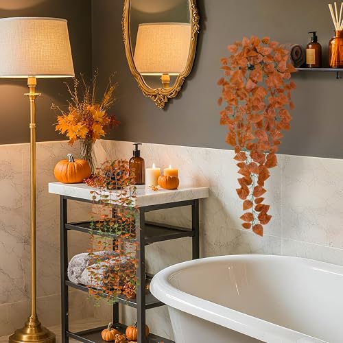Der Rose 4Pcs Fake Fall Plants Hanging Orange Artificial Eucalyptus Plants, Boston Fern, Fake Potho, String of Pearls for Halloween Bathroom Table Centerpiece Wall Mantle Decor Indoor and Outdoor - color: Black Pots-4pcs Orange