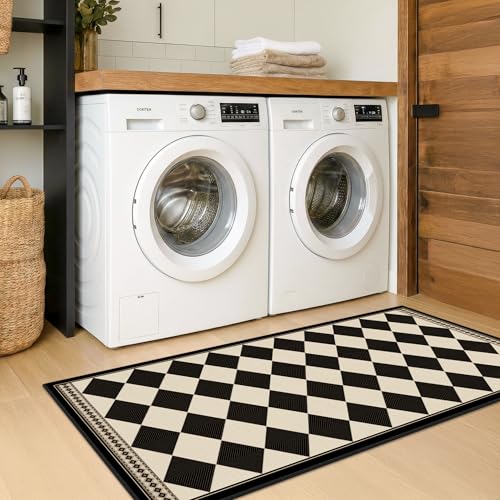 Black and White Checkered 2x5 Easy Jute Laundry Room Rug Runner, Laundry Floor Mat, Washable Non Slip Diamond Boho Carpet for Entryway, Bathroom, Kitchen, Checkerboard Modern Farmhouse Mat - color: Black White, size: 2' x 5' (Runner)