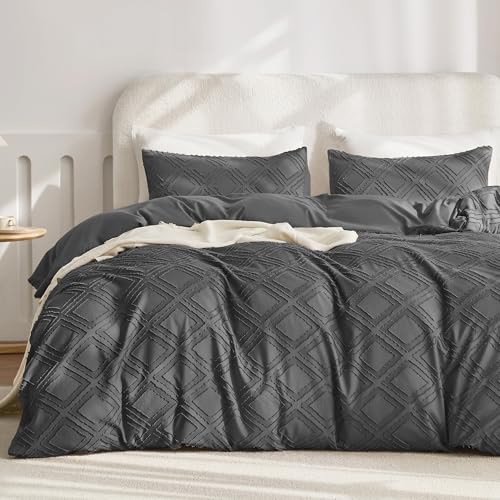 JELLYMONI Duvet Cover Queen Size Dark Grey - 3PCS Boho Duvet Cover Set Plaid Polyester Tufted Bohemian Jacquard Knit Textured Comforter Cover 90×90in Rhombic Geometric Pattern Zipper Corner Tie - color: Dark Grey-grid, size: Queen(90"×90")