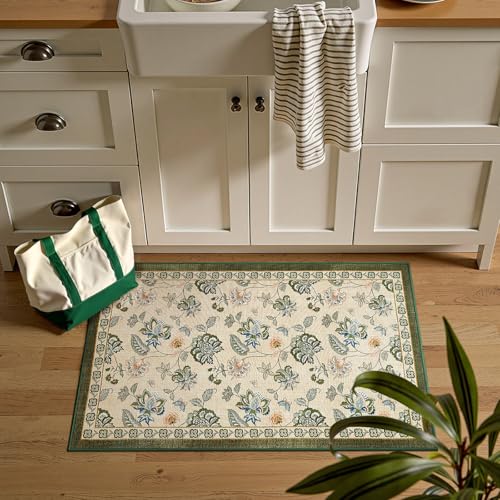 jinchan Elora 2x3 Floral Rug for Entryway Washable Kitchen Rug Vintage Romance Design Small Mat Non Slip Indoor Doormat Lightweight Low-Profile Throw Carpet for Entrance Laundry Room, Green/Beige - color: Bloom Green/Beige, size: 2' x 3' (Light Weight)