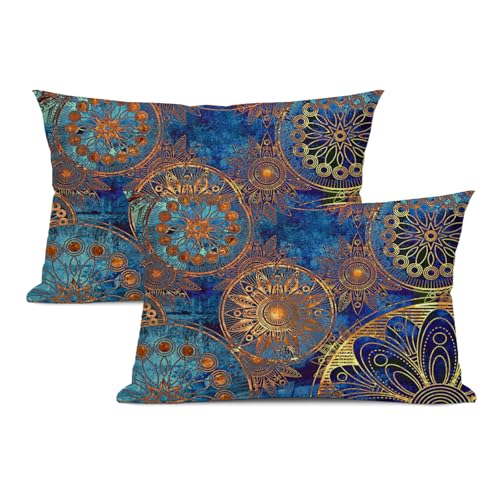 Boho Floral Lumbar Pillow Covers 12 x 20 Set of 2 Bohemian Ethnic Style Linen Throw Pillow Cover Mandala Pattern Vintage Blue Decorative Pillowcases for Living Room Couch Bed Sofa Outdoor - color: Boho, size: 20" x 12" (Pack of 2)