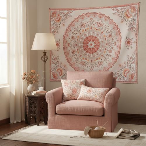 Motanber Pink Mandala Tapestry Wall Hanging Boho Floral Tapestry Aesthetic Watercolor Flower Medallion Cute Small Tapestries for Bedroom Living Room Dorm Decor 48 x 36 Inch - color: Peach Pink, size: 48"L x 36"W