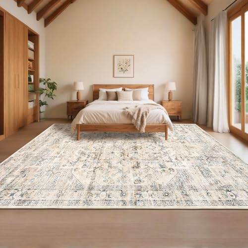 GarveeHome 8x10 Area Rugs for Living Room Non Slip Vintage Washable Rug Floral Distressed Rugs Faux Wool Carpet Farmhouse Bedroom Rug Indoor Floor Caroet Beige - color: Beige, size: 8' x 10' (Rectangular)