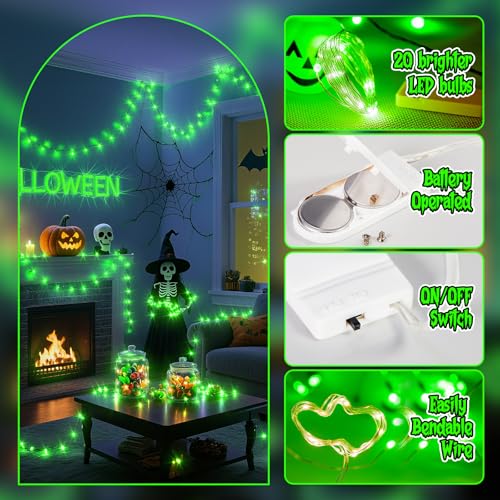 Halloween Green Fairy Lights Battery Operate,7.2ft 20 LEDs String Lights Silver Copper Wire for Hallowen Christmas DIY Decoration Wedding Party (6 Pack) - color: Green