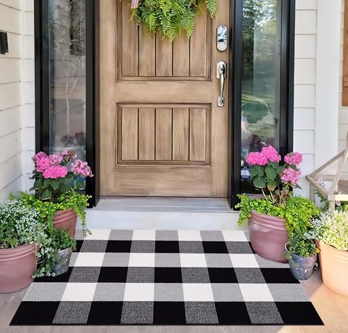 Black and White Layered Doormat 24''x35''Buffalo Plaid Checkered Rug Cotton Machine Washable Mat for Front Porch, Kitchen, Farmhouse, Entryway,Bathroom - color: Black Buffalo, size: 24''x 35''