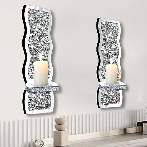 ZOLAPI Set of 2 Crystal Crush Diamond Candle Sconces, Gorgeous Silver Mirrored Wall Sconce, Wave Pattern Irregular Candle Holder Glass Wall Decorations for Home Décor, Living Room, Dining Room. - color: Silver Mirror ③