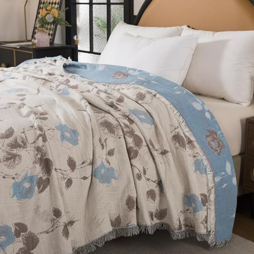 Lemfux 4-Layer 100% Cotton Muslin Cooling Blanket, Boho Floral Gauze Throw with Fringe, Ultra Soft Breathable Lightweight Bedspread Coverlet for Bed Sofa Couch - color: Dusty Blue Floral, size: 80"x90"