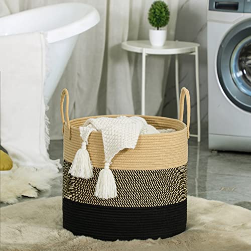 KAKAMAY Large Blanket Basket (18"x18"x16"),Woven Baby Laundry Hamper for Storage, Cotton Rope Blankets Baskets for Nursery, Laundry, Living Room, Pillows, Baby Toy Chest with Handles (Black) - color: Black