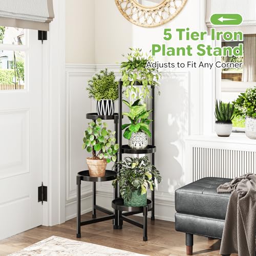 Simple Trending Plant Stand Indoor Outdoor, 5-Tiers Metal Corner Shelf, Tall Display Rack with 5 Rotating Trays, Heavy Duty Flower Holders for Patio Garden Balcony Living Room Bedroom, Black