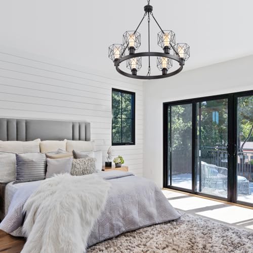 Wagon Wheel Chandelier Modern Farmhouse Pendant Light,Black Farmhouse Chandelier, 6-Light Wagon Wheel Chandelier with Adjustable Height, Dining Room Light Fixture, Hanging Lights - color: C