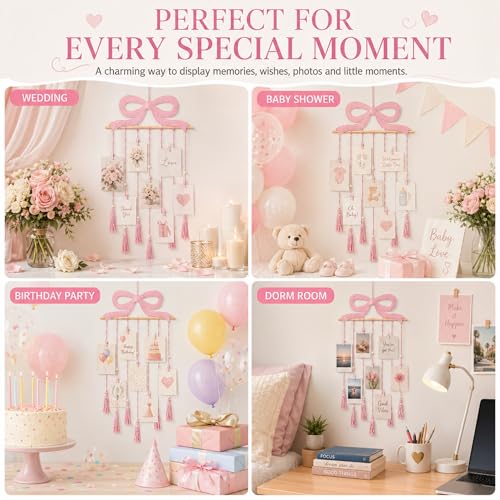 Pink Bow Hanging Photo Display Pink Bow Wall Decor Macrame Wall Hanging Coquette Picture Holder with 30 Clips for Teenage Girl Gift Room Decor Bedroom Graduation Wedding Coquette Party - color: Pink, style: Pink Bow