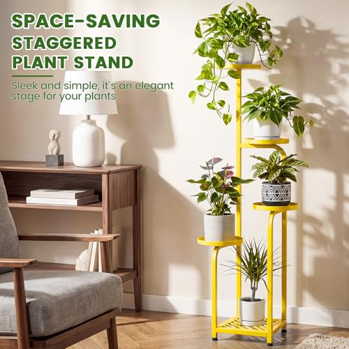 TOSKING 5 Tier Tall Plant Stand Indoor Outdoor,Anti-Tip Plant Stand indoor, Wide Base for Pots, Child and Pet Friendly,Heavy Duty Corner Shelf for Plants & Decor, Space Saving ,Tiered Metal Flower Pot Stand for Balcony, Garden, Living Room, Patio (Yellow,