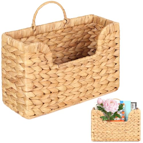 Handwoven Water Hyacinth Wall Magazine Holder - Natural Hanging Organizer for Mail, Newspapers & Magazines, Books & Files - Decorative Boho Storage Basket for Entryway, Bathroom, Living Room, Office.