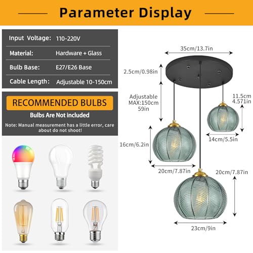 Mint Green Glass Chandelier, 3 Light Pendant Light Fixtures Kitchen Island Lighting Century Modern Kitchen Island Pendant Lighting Hanging Lights Multi Light Cluster Pendant Lighting（Without Bulb） - color: Mint-3 Light