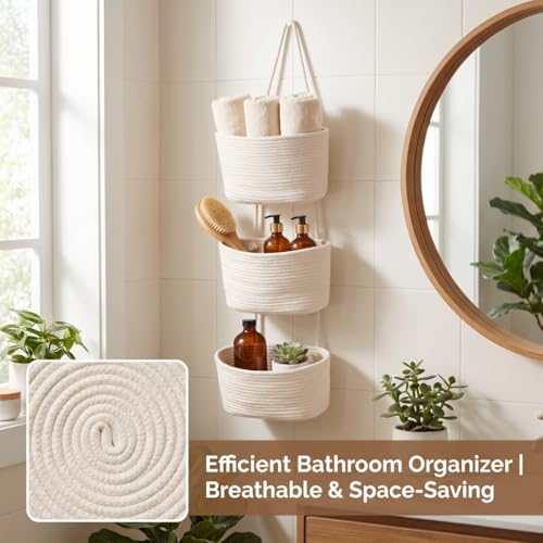 Hanging Wall Basket, Over the Door Hanging Basket with Hooks for Storage, Organizing, Decorative Boho Decor for Nursery, Bedroom, Living Room with 4 Hooks, Whte - color: White