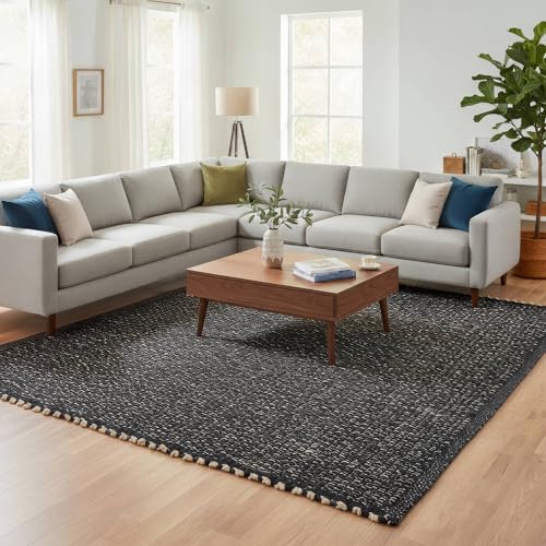 Black 8x10 Cotton Jute Rug Braided Construction - Farmhouse Woven Carpet - Mid-Century Modern Floor Covering for Bedroom Living Room, 8' x 10' - color: Black, size: 8' x 10'