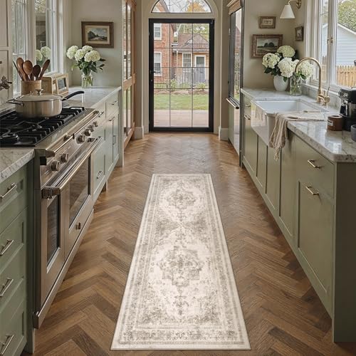 PureCozy Runner Rug 2x6 Beige Hallway Washable Carpet Non Slip Vintage Medallion Carpet Low Pile Soft Distressed Retro Indoor Long Rug for Entryway Kitchen Bathroom Laundry Bedroom - color: Distressed | Beige, size: 2' x 6' (Runner)