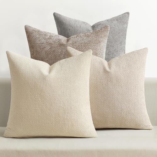 MIULEE Pack of 4 Couch Throw Pillow Covers 18x18 Inch Neutral Beige/Brown Soft Decorative Chenille Pillow Covers Farmhouse Accent Cushion Covers for Boho Spring Home Decor Sofa Bedroom Living Room - color: Neutral Beige/Brown, size: 18" x 18" (Pack of 4)