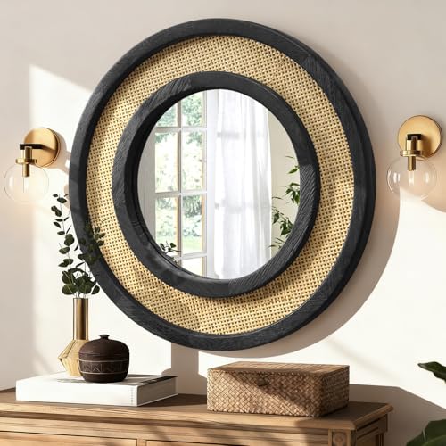 JJUUYOU Wall Mirror Black with Circle Wood Frame Round Rattan Hanging Mirrors Decorative for Bedroom Living Room Bathroom Entryway 16 Inch - color: Round Mirror-black, size: 16"L x 16"W