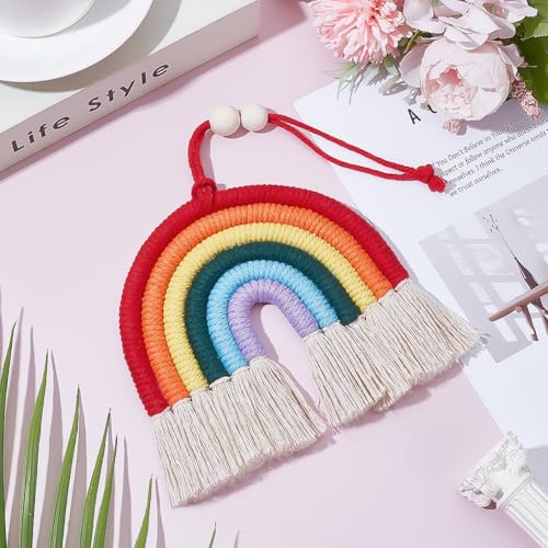 2Pcs Colorful Rainbow Wall Hanging Decor Handmade Woven Cotton Rainbow Hanging Ornament Pendant with Tassel Cute Home Accessories Front Door Room Home Car Decoration for Woman Man - color: Red,mixed Color