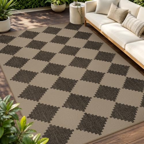 GENIMO Indoor Outdoor Area Rug 5'x8', Checkered Easy Jute Rug Machine Washable, Easy-Cleaning, Non Slip Geometric Woven Outdoor Carpet for Patio, Living Room, Backyard, Porch, Deck, Balcony - color: Spaced Diamond, size: 5' x 8' (Rectangular)