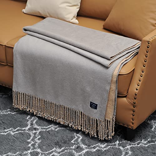 EP Mode Reversible Fringed Mulberry Silk Throw Blanket for Sofa (Light Grey/Beige) - color: Light Grey/ Beige
