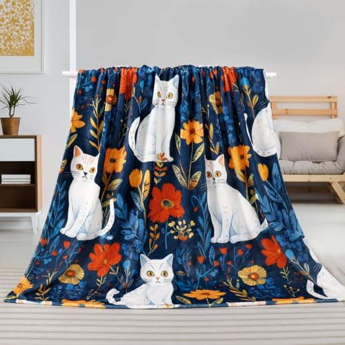 Cute Cat Throw Blanket Colorful Floral Wildflower Bed Blanket Flower Cat Print Blankets for Cat Lovers Super Soft Flannel Fleece Throw Blanket for Bed Couch 50” x 60” - color: Cat Flower, size: 50" X 60"