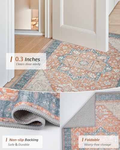 MINIDEAR 2x3 Area Rugs for Entryway, Kitchen, Washable Rug Small Rugs for Bedroom Non Slip Vintage Rug with Floral Print Carpet Mat for Home, Orange - color: Blue-orange, size: 2' x 3' (Rectangular)