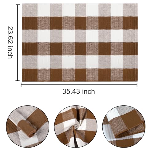 Front Door Mat Outdoor 24''x35''Buffalo Plaid Porch Mat Cotton Woven Machine Washable Carpet for Layered Doormat Hello/Welcome Door Mat,Kitchen,Farmhouse,Entryway - color: Coffee, size: 24''x 35''
