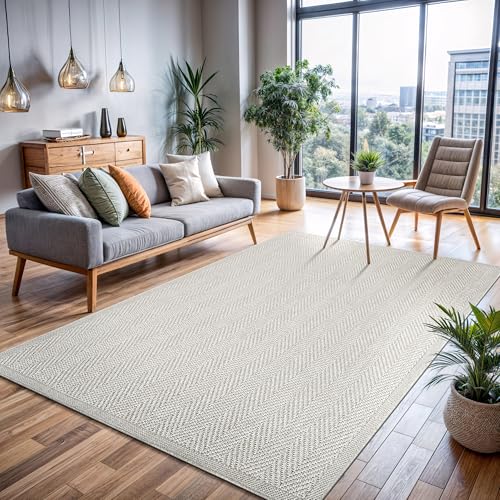 CAMILSON Easy Jute Rug 6x9, Indoor Outdoor Off-White Color Fiber Area Rugs for Living Room Patio and Bedroom Rug Herringbone Seagrass Woven Design Easy-Cleaning, Washable Outside Carpet Alfombras 6x9 - color: Herringbone/Bone, size: 6' x 9' (Rectangular)