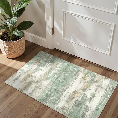 BEIMO 2x3 Rugs for Entryway Entrance Kitchen Bathroom, Machine Washable Modern Abstract Soft Area Rug Door Mat, Low Pile Indoor Floor Carpet with Non Slip Backing, Light Green - color: Light Green/Cream, size: 2' x 3' (Rectangular)