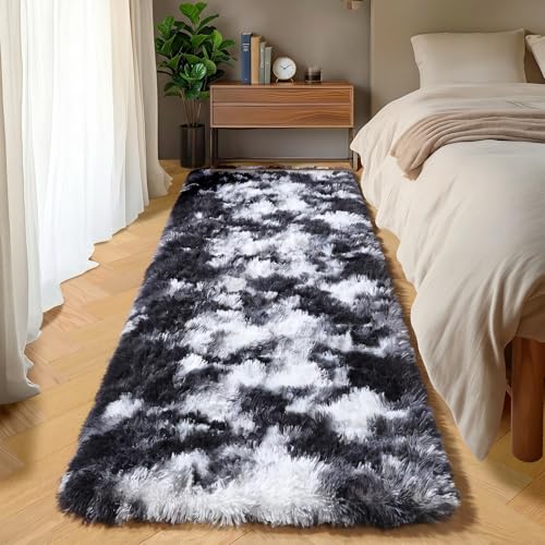 ONASAR Runner Rugs for Bedroom Living Room, Fluffy Black and White 2x6 Bedside Hallway Area Rug, Ultra Soft Plush Furry Faux Fur Non Slip Floor Carpet for Nursery Kids Dorm Closet Home Decor - color: Tie-dyed Black & White, size: 2' x 6' (Runner)
