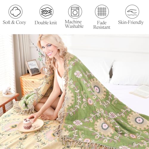 Snycler Boho Throw Blanket 60"x80" - 100% Cotton Ultra Soft Rustic Quilt, Green Floral Printed Farmhouse Decor for Bed, Sofa, Couch, Chair - All Season Cozy Blanket - color: Boho Floral Green, size: 60"x80"