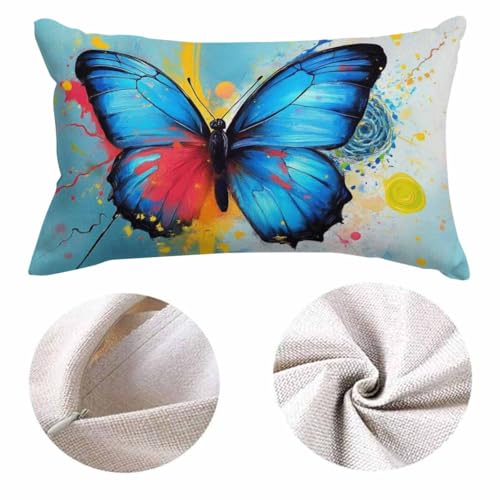 EKOBLA Butterfly Pillow Covers Watercolor Lotus Floral Fantasy Splash Doodle Painting Waist Lumbar Cotton Linen Cushion Cover Oblong Rectangle Pillowcase for Men Women Home 12x20 Inches - color: Multi-bs25, size: 20" x 12" (Pack of 1)