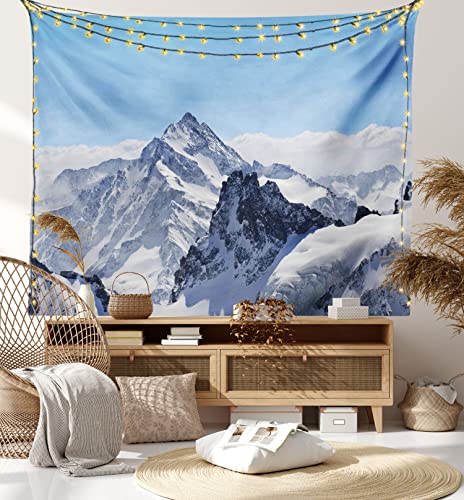 Ambesonne Winter Tapestry, Snowy Rocky Mountain Peaks Tops Scene High Lands ICY Frozen Swiss Outdoor Art, Wide Wall Hanging for Bedroom Living Room Dorm, 60" X 40", Blue and White - color: White Blue, size: 60"L x 40"W