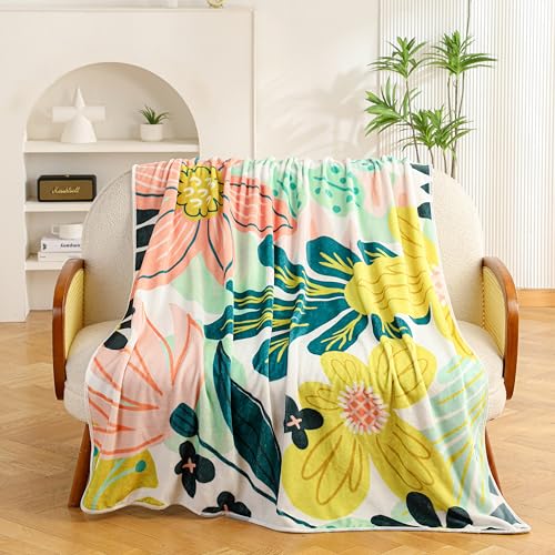 Tyrot Boho Floral Flannel Fleece Twin Blanket – Soft, Warm & Lightweight Fuzzy Blanket for Couch, Bed, or Sofa Decor, Cute Botanical Design Throw for Women & Girls, 60''x80'', Pink Green - color: Rose Garden, size: Twin(60''x80'')