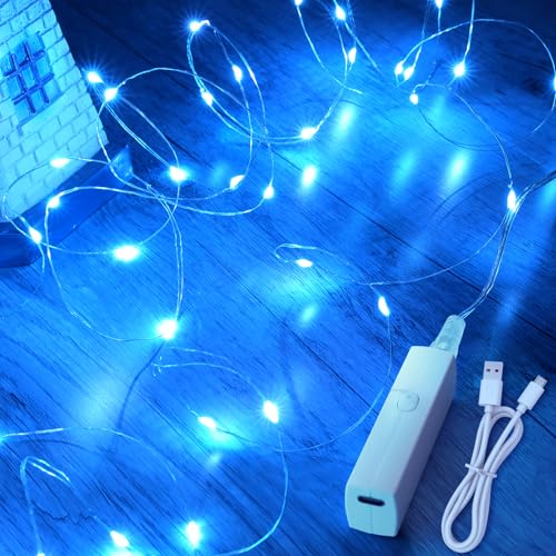 Lakumu 32FT(16×2) Blue Fairy Lights, Rechargeable Battery Operated LED String Lights with Timer, 8 Modes Waterproof Mini Twinkle Lights for Bedroom Christmas Wedding Centerpiece Table Decor - color: Blue, size: 32FT(16FT*2)