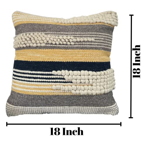 Decorative Boho-Chic Textured Square Pillow Cover 18" x18” Handwoven Throw Pillows for Couch, Sofa or Bed with Tufted Accents Wool/Cotton, Neutral Farmhouse Home Decor Black/Yellow - color: Black/Grey