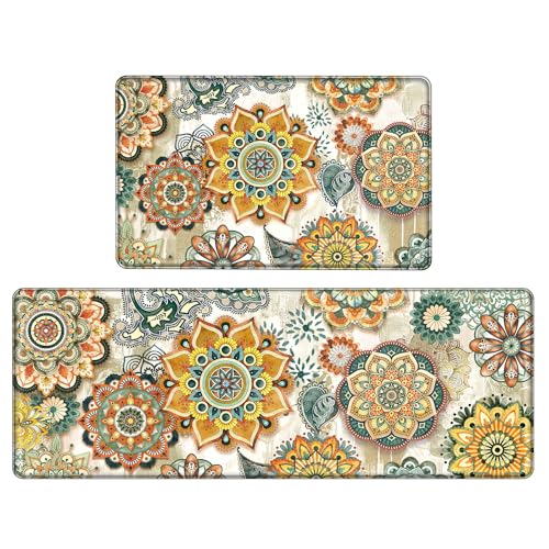 Boho Yellow Floral Kitchen Rugs Mats for Floor 2 Piece Memory Foam Padded Kitchen Mats Anti Fatigue Non Slip Cushioned Comfort Standing Mat, 17.3x28+17.3x47 Inch - color: Boho Yellow, size: 17.3"x28"+17.3"x47"-0.40Th[2PCS]
